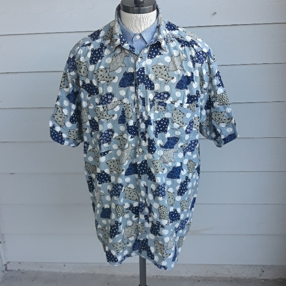 GUESS USA Whimsical Fish Pattern Cotton Sz XL Short Sleeve Shirt RARE 90s‎